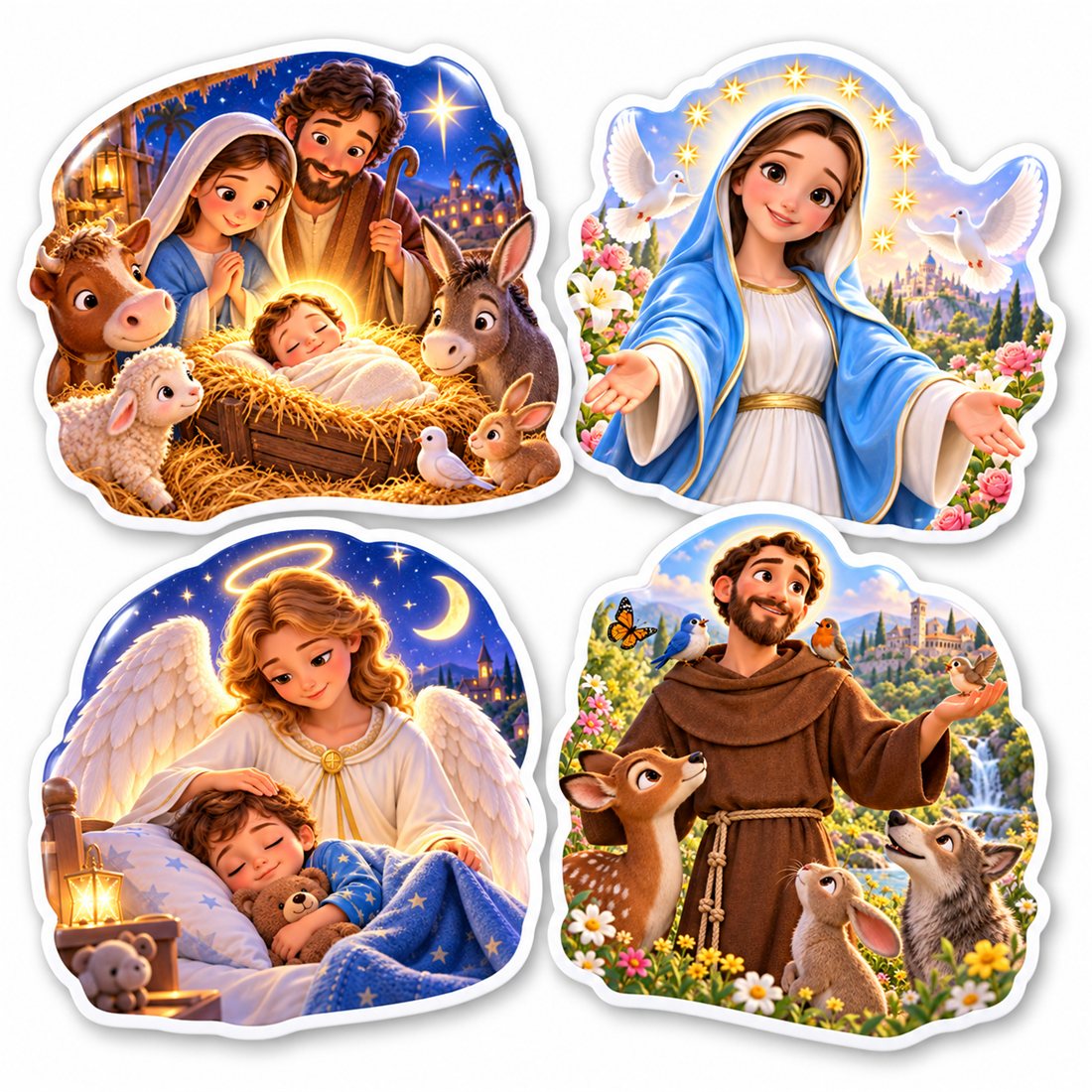 Figurinhas católicas recortadas: presépio, Nossa Senhora, anjo e São Francisco